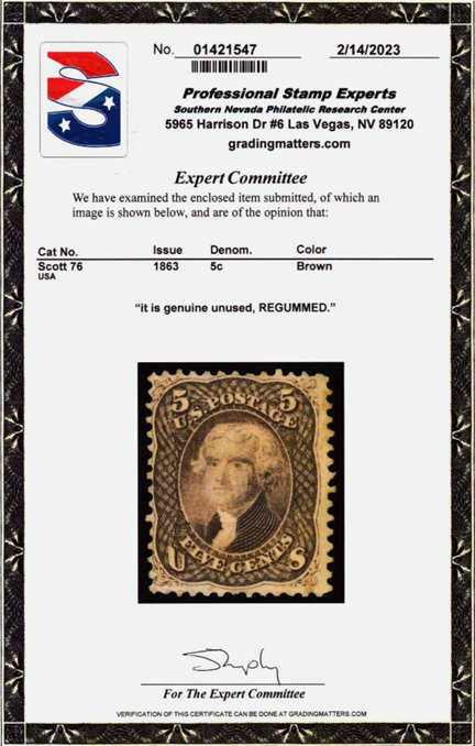 Example professional stamp expert certificate for a certified stamp