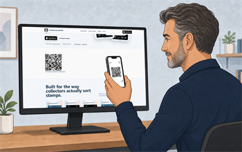 Collector scanning the StampManage Identifier QR code with an iPhone