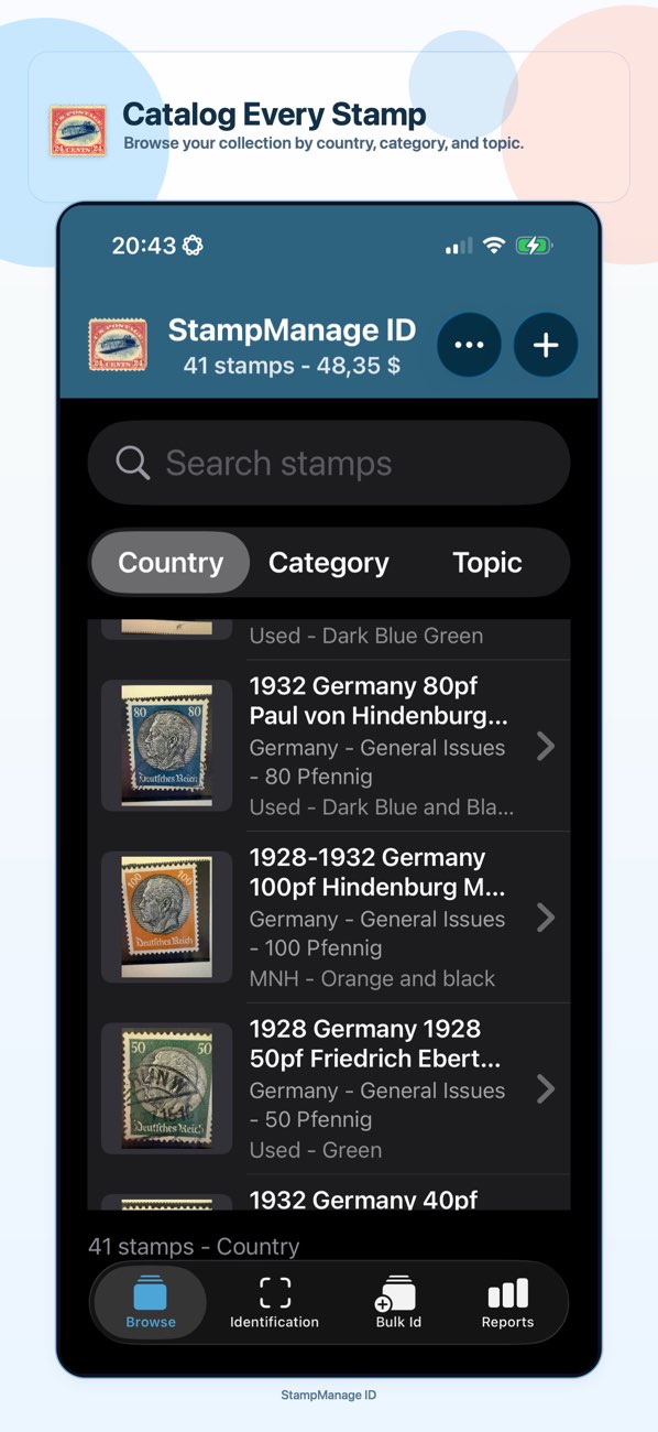 Catalog every stamp by country, category, and topic