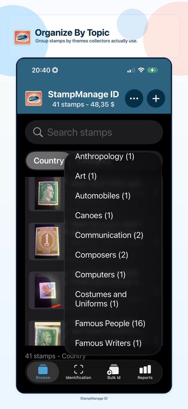 Organize stamps by topic screenshot