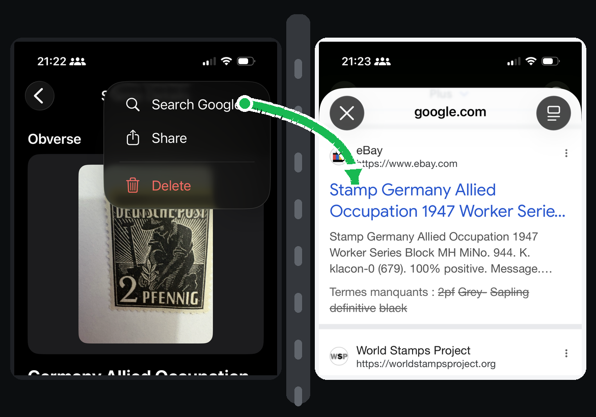 StampManage Identifier search Google action leading to Google results for a stamp