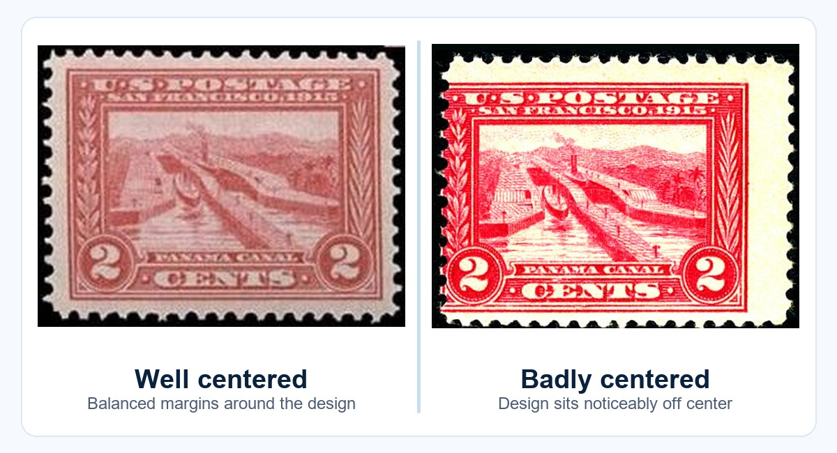 Well centered stamp compared with badly centered stamp