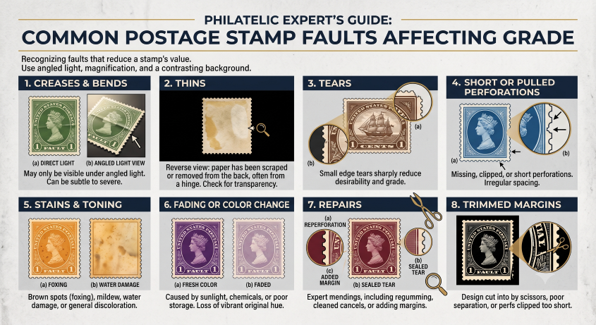 Common postage stamp faults that affect grade including creases, thins, tears, short perforations, stains, fading, repairs, and trimmed margins