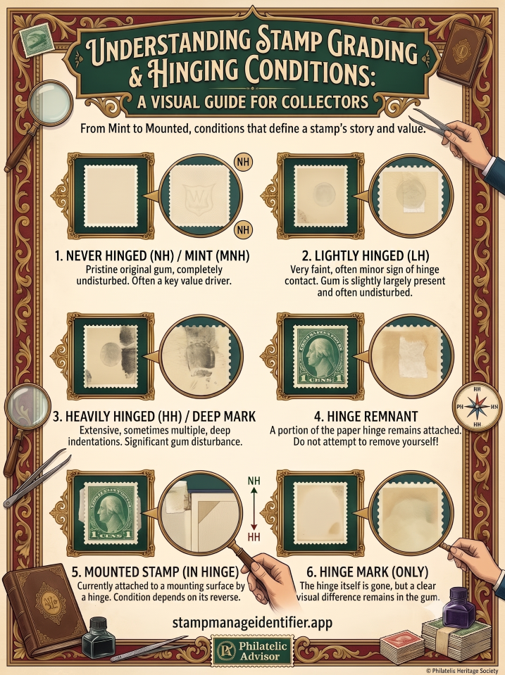 Visual guide to stamp grading and hinging conditions from never hinged to hinge remnants