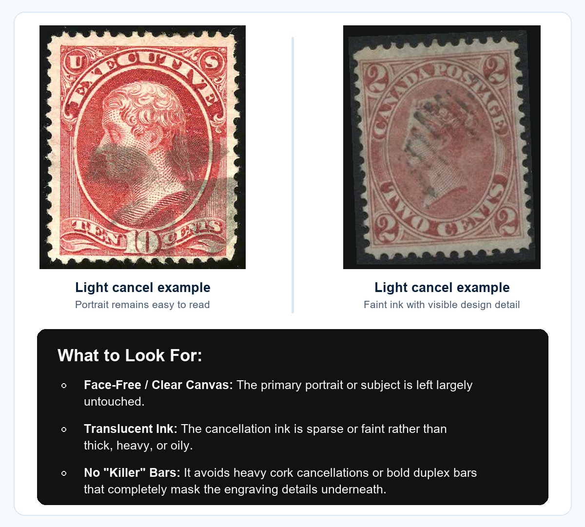 Two lightly cancelled stamps with grading notes below them