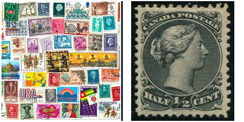 A mixed stamp collection beside a close-up Canada half cent stamp with a divider
