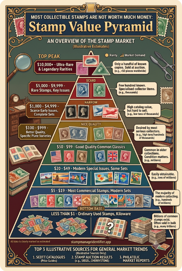 Stamp value pyramid showing how most collectible stamps are common while rare and legendary stamps are at the top